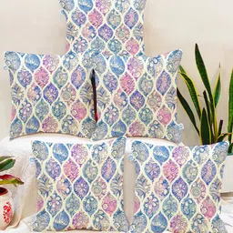 STITCHNEST Blue & Cream-Coloured Set of 5 Geometric Square Cushion Covers-10