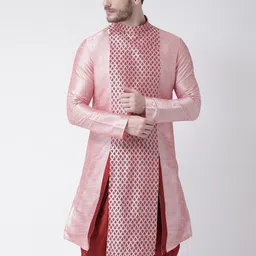 DEYANN Men Peach-Coloured Ethnic Motifs Printed Panelled Dupion Silk Kurta with Dhoti Pants-picture-10
