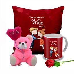 ME & YOU Red & Pink 4 Pieces Cushion Mug Teddy & Rose Valentine Gift Set-image-100