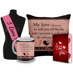 ME & YOU Pink & Red 4 Pieces Printed Cushion Mug Card Sashe Valentine Gifts Set-image-11