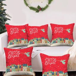 Indigifts Set Of 5 Red & Green Graphic Printed Pre-Filled Cushions-1
