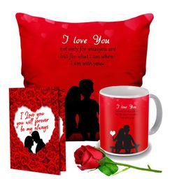ME & YOU Red & Black 4 Pieces Printed Cushion, Mug, Rose & Greeting Card Gift Set-image-99