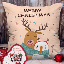Indigifts Reindeer & Snowman Printed Cushion with Fridge Magnet-image-129
