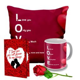 ME & YOU Red & White 4 Pieces Printed Cushion, Mug, Rose & Greeting Card Gift Set-image-70