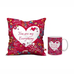 Indigifts Red & White Printed Cushion Cover with Filler & Coffee Mug Gift Set-21
