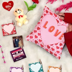 Indigifts Pink 9 Pieces Cushion Cover With Filler Photo Clip and Card Rose With Teddy-image-94