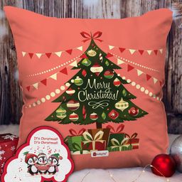 Indigifts Peach & Green Merry Christmas Printed Cotton Cushion-12
