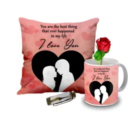 ME & YOU 4 Pieces Pink & White Printed Cushion Coffee Mug Rose & Message Pills Gift Set-image-89