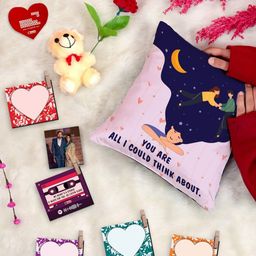 Indigifts 9 Pieces Cotton Cushion With Filler Photo Clips and Card Rose With Teddy-image-79