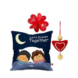Indigifts Blue and White Graphic Pre-Filled Cushion with Filler and Heart Hanging Blue-29