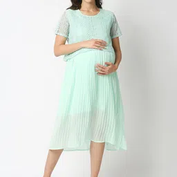 MeeMee Green Maternity Midi Dress with Feeding Zip Mint-image-32