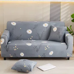 HOUSE OF QUIRK Grey & White Floral Printed Stretchable 1 Seater Sofa Slipcover-image-58
