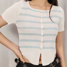 StyleCast Girls White & Blue Striped Round Neck Semi Sheer Regular Top-28