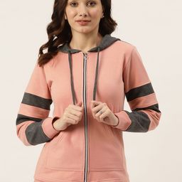 BRINNS Women Nude Pink & Grey Striped Fleece Hooded Sweatshirt-image-14