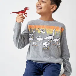 LAdore Unisex Kids Grey Dinosaur Printed Full Sleeves Pure Cotton T-shirt-picture-11