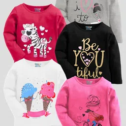 KUCHIPOO Girls Set Of 5 Red & White Printed Round Neck T-shirt-2