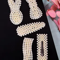 Crunchy Fashion Women White Set of 5 Beaded Tic Tac Hair Clip-33