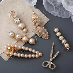 Yellow Chimes Women Set Of 6 Pcs White Pearl Studded Aligator Clips-35