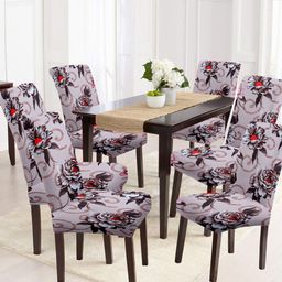 Aura Set Of 6 Beige & Red Floral Printed Chair Covers-0