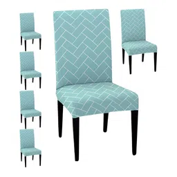 Lazi Sea Green & White 6 Pieces Printed Stretchable Dining Chair Cover-picture-18