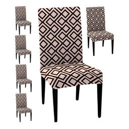 Lazi 6 Pieces Cream-Coloured & Brown Printed Geometric Dining Chair Covers-5