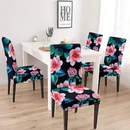 Aura Set Of 4 Black & Pink Floral Printed Chair Covers-16
