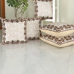 Homerz Beige & Brown 5 Pieces Geometric Velvet Square Cushion Covers-34