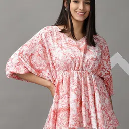 SHOWOFF Women Orange Floral Print Extended Sleeves Crepe Empire Top-image-92