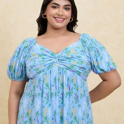 20Dresses Blue Floral Print Sweetheart Neck Puff Sleeve Crepe Empire Plus Size Top-15