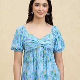 20Dresses Blue Floral Print Sweetheart Neck Puff Sleeve Crepe Empire Top-image-31