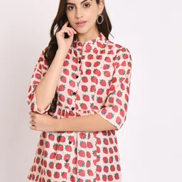CHARMGAL Conversational Printed Mandarin Collar Gathered Regular Top-image-49