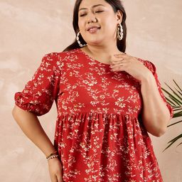 Berrylush Curve Plus Size Floral Printed Round Neck Puff Sleeves Empire Top-11