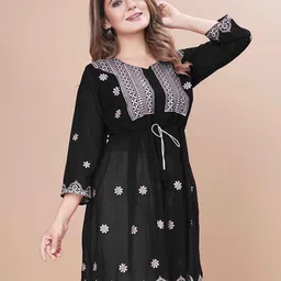 WEAVETECH IMPEX Black Heavy Embroderied Work Longline Pure Georgette Pleated Top-image-26