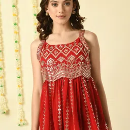 Myshka Geometric Embroidered Shoulder Strap Georgette Regular Ethnic Top-49
