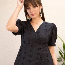 SASSAFRAS Black Self Design Schiffli Cotton Peplum Wrap Top-image-56