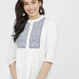 Vishudh Off White & Blue Geometric Printed Mandarin Collar Empire Top-21
