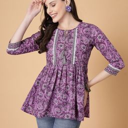God Bless Floral Printed Tie-Up Neck Lace-Up Detail Cotton Peplum Top-picture-0