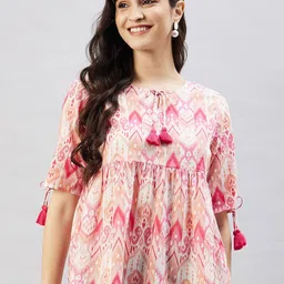 WineRed Ethnic Motifs Printed Tie-Up Neck Pure Cotton Peplum Top-image-51