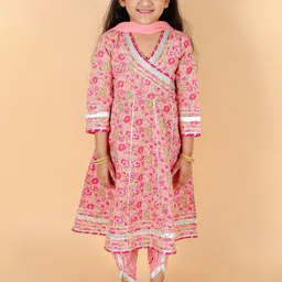 Stuffie Land Girls Floral Printed Angrakha Pure Cotton Kurta with Salwar & Dupatta-image-75