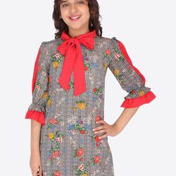 CUTECUMBER Red Floral Georgette Tie Up Shirt Dress-32