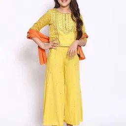 AURELIA Girls Yellow Floral Printed Gotta Patti Top with Palazzos & With Dupatta-image-15