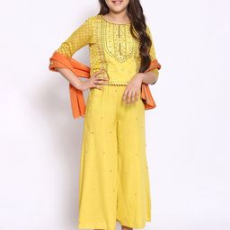 AURELIA Girls Yellow Floral Printed Gotta Patti Top with Palazzos & With Dupatta-picture-56