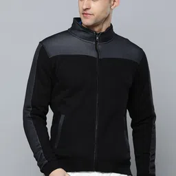 Flying Machine Men Black Colourblocked Front-Open Sweatshirt image 3