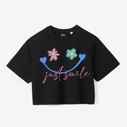 Mast & Harbour Girls Black Typography Printed Pure Cotton Boxy T-shirt-picture-33