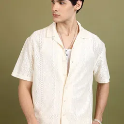 HIGHLANDER Cream-Coloured Oversized Geometric Self Design Cuban Collar Casual Crochet Shirt-picture-11