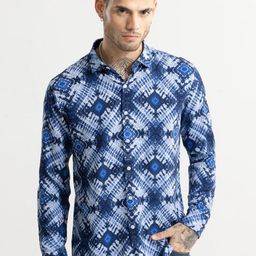 Snitch Blue Classic Slim Fit Abstract Printed Cotton Casual Shirt-image-40