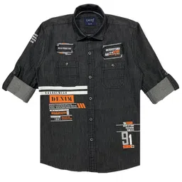 CAVIO Boys Black Plaecement Printed Denim Casual Shirt-image-59