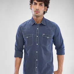 SPYKAR Men Striped Pocket Detailing Indigo Slim Fit Casual Shirt-image-14