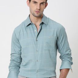 Mufti Slim Fit Windowpane Checks Spread Collar Long Sleeves Cotton Casual Shirt-picture-22