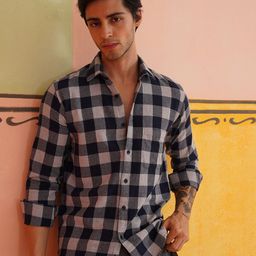 Indian Needle Men Classic Spread Collar Windowpane Checked Cotton Casual Shirt-image-53